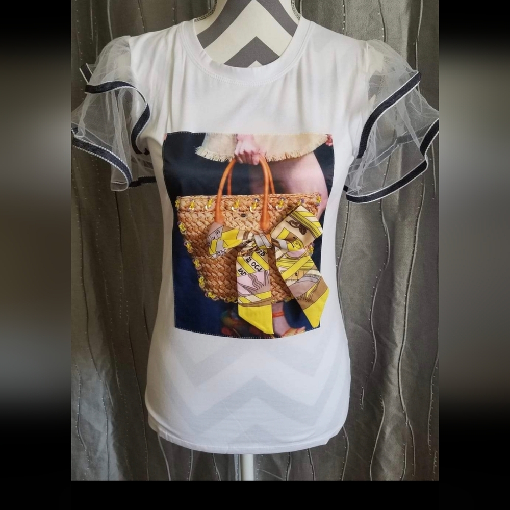 White Ruffle Sleeve Graphic Top